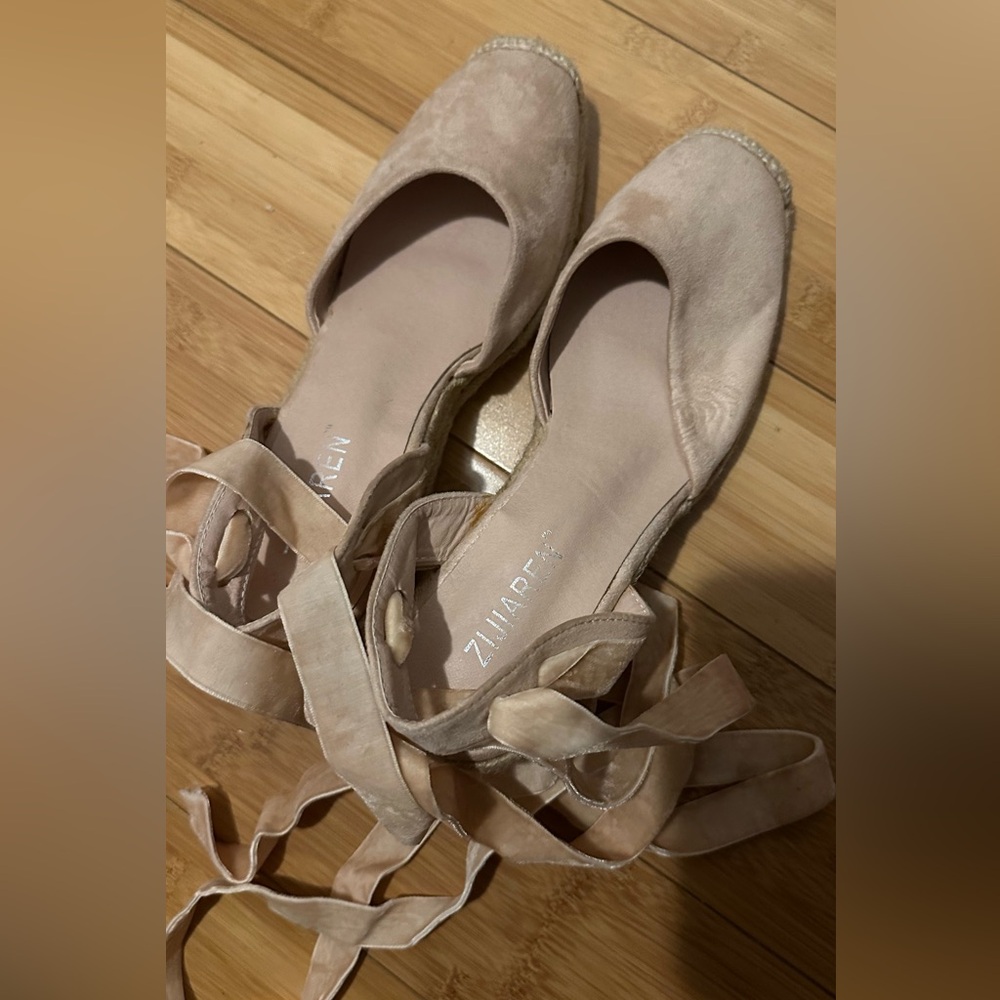 Beige Suede Espadrille Wedge with Ribbon Tie – Size 38.5/39